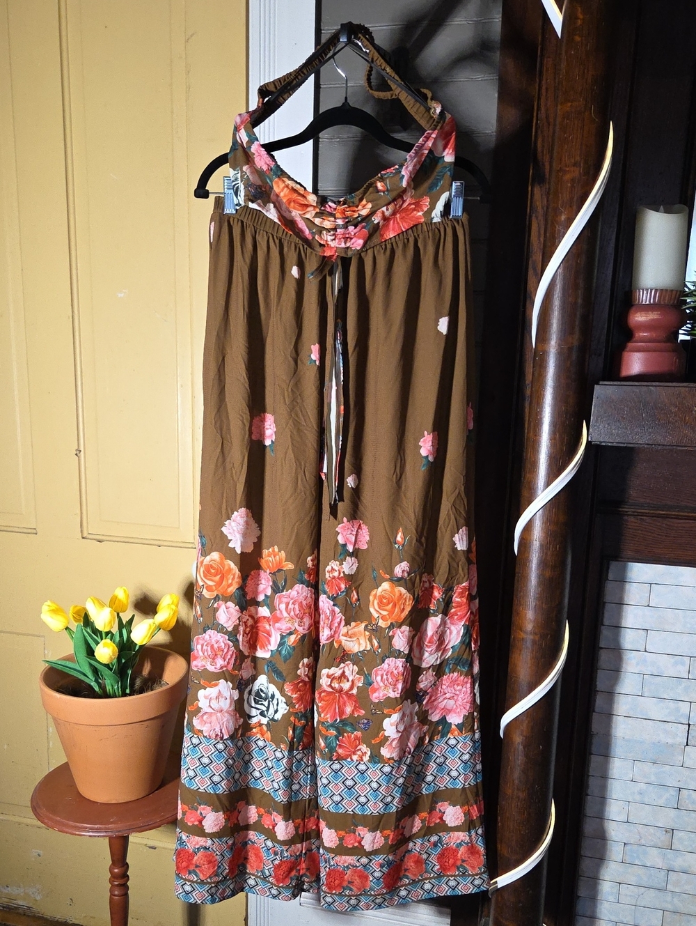 Boho Floral Strapless Jumpsuit in Brown with Pink Accents